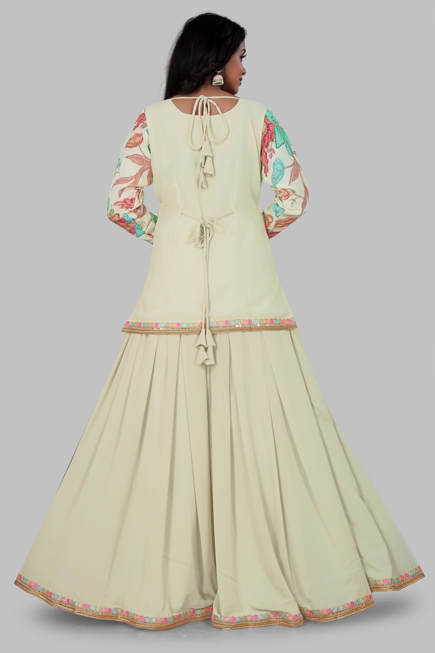 Women's Off-White Floral Sharara Set - Pastel Flower Print Short Kurti with Flared Palazzo & Dupatta