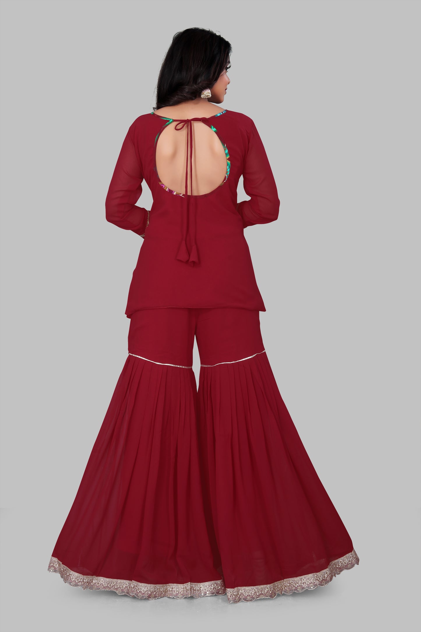 Maroon Georgette Gharara Suit with Floral Resham Work – Long Sleeve Short Kurti and Tiered Flared Bottoms for Bridal & Festive Wear