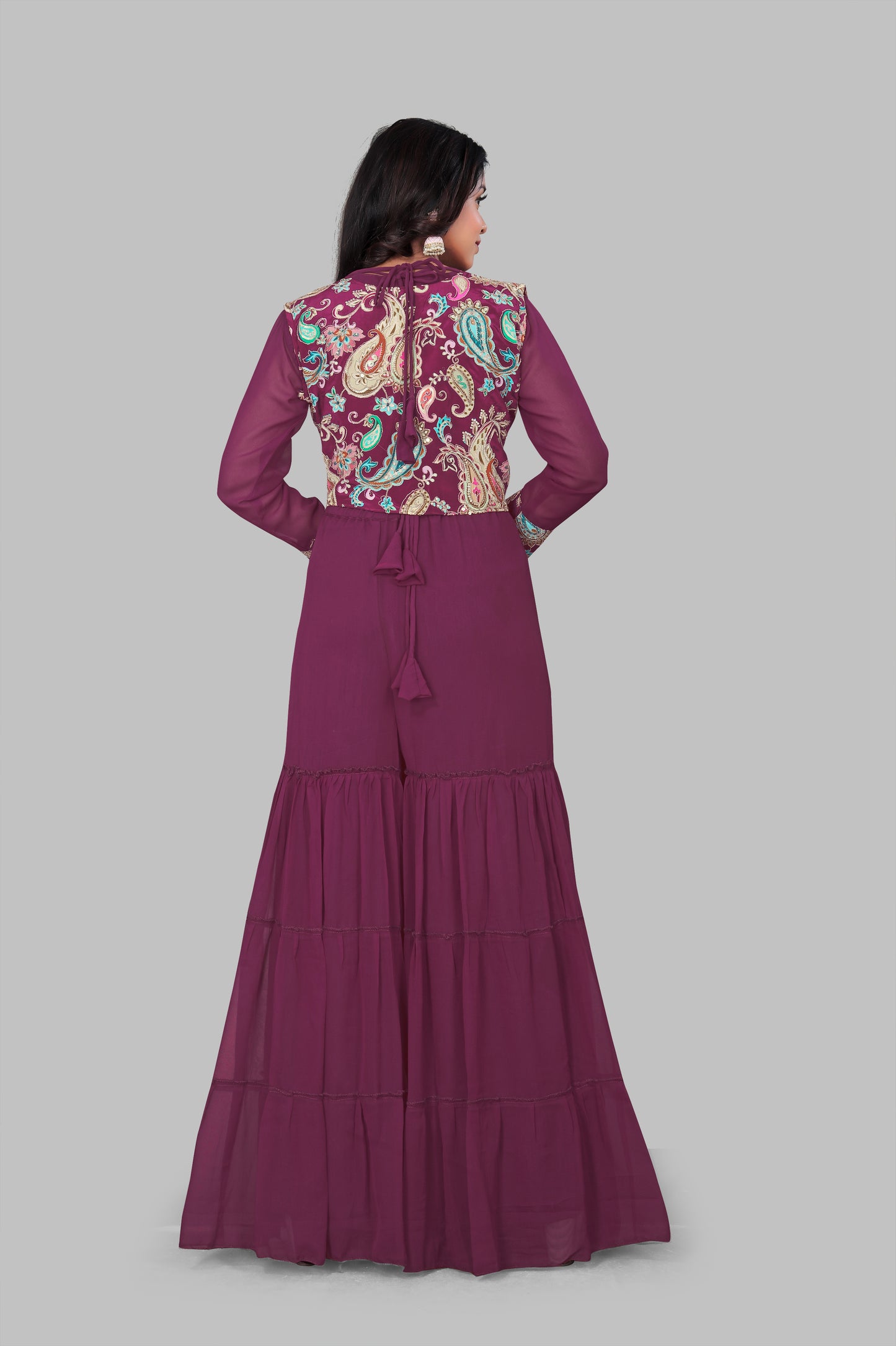 Women’s Plum Purple 3-Piece Indo-Western Suit | Floor Length Gown with Paisley Print Shrug Jacket | Festive Wedding Party Wear Anarkali Dress
