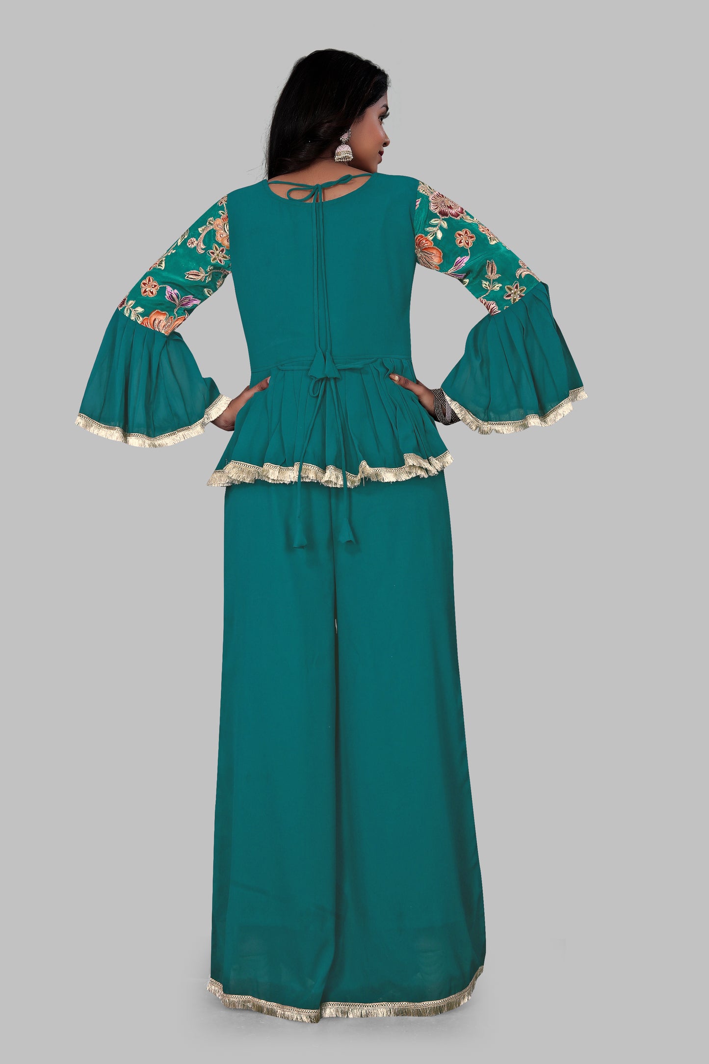 Teal Green Peplum Sharara Suit with Ruffled Bell Sleeves – 3-Piece Floral Embroidered Ethnic Set