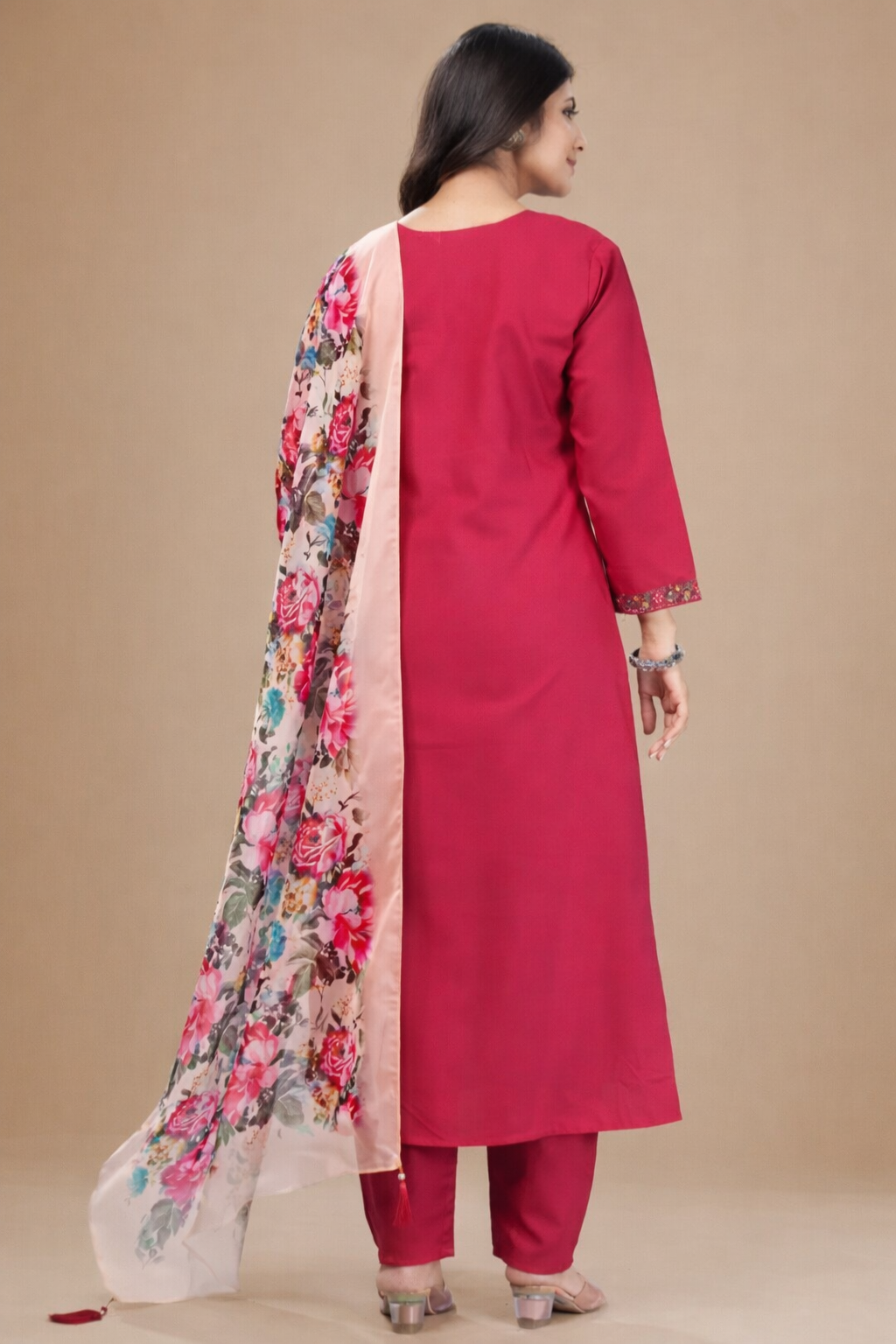 Magenta Silk Blend Salwar Kameez with Floral V-Neck Embroidery and Digital Print Organza Dupatta