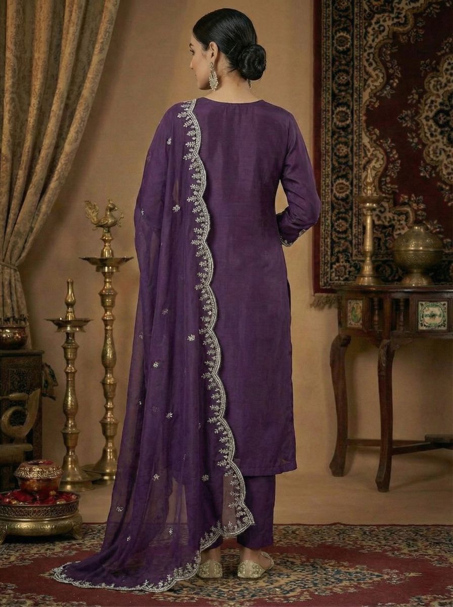 Women's Purple Embroidered Straight Suit Set with Trousers