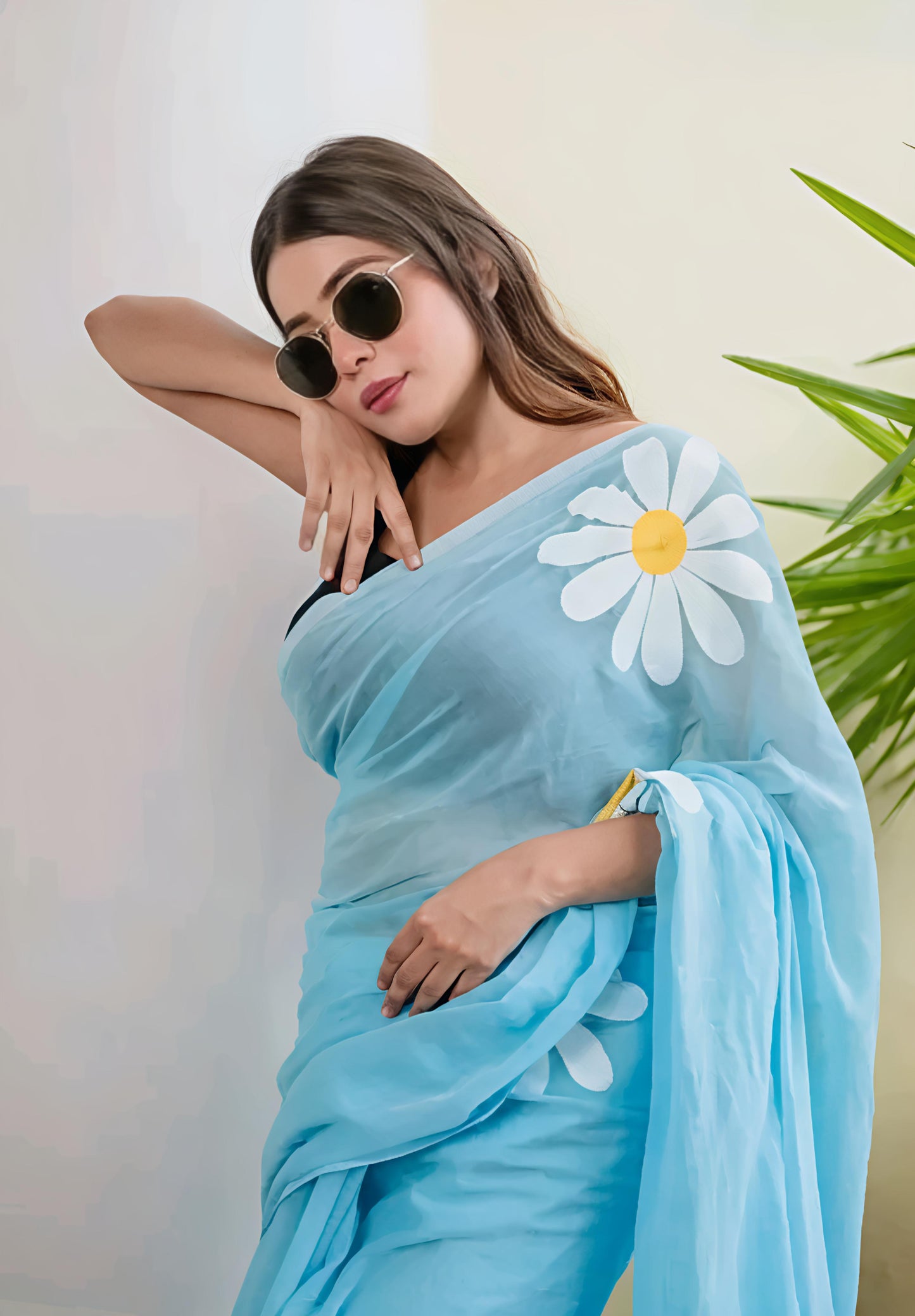 Hot Blue Organza Saree with Hand-Painted Daisy Florals and Tassel Details (Copy)