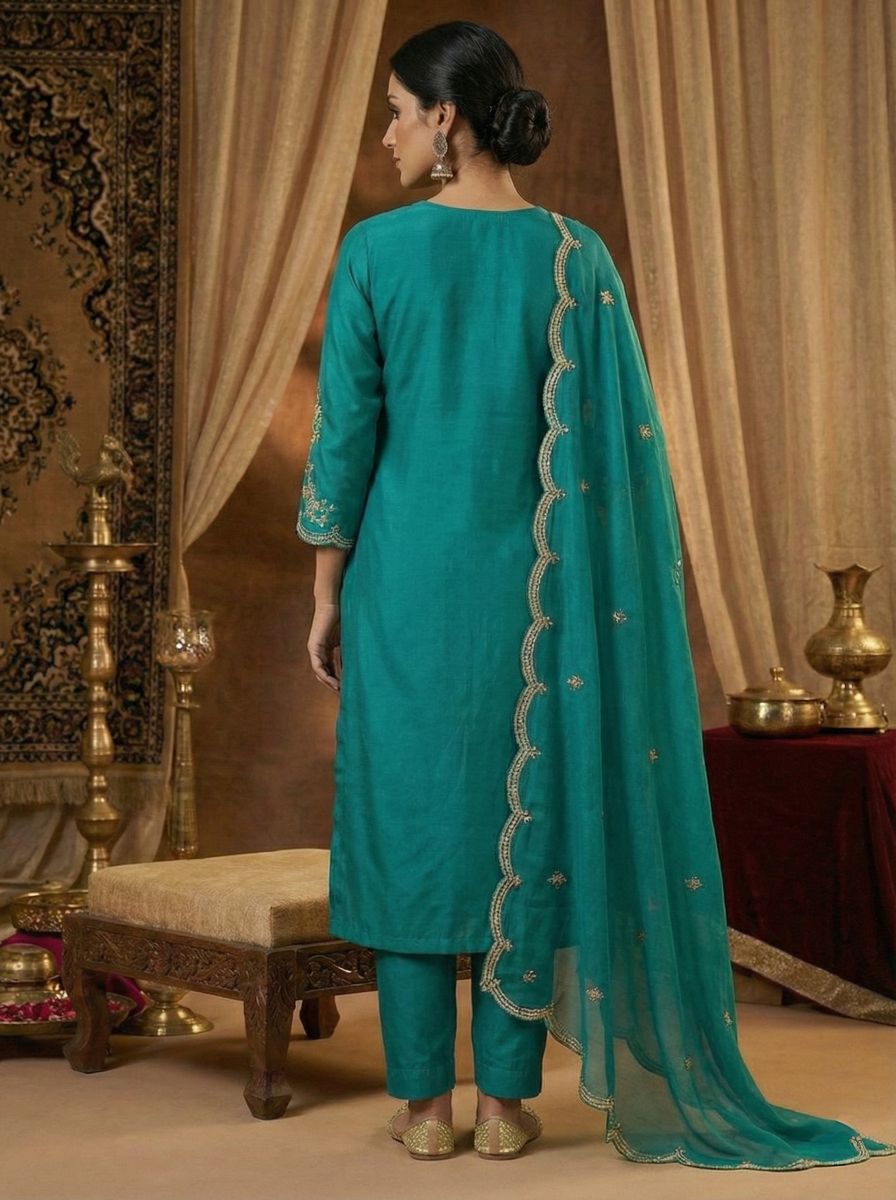 Women's Teal Blue Embroidered Straight Kurti With Dupatta & Bottomwear