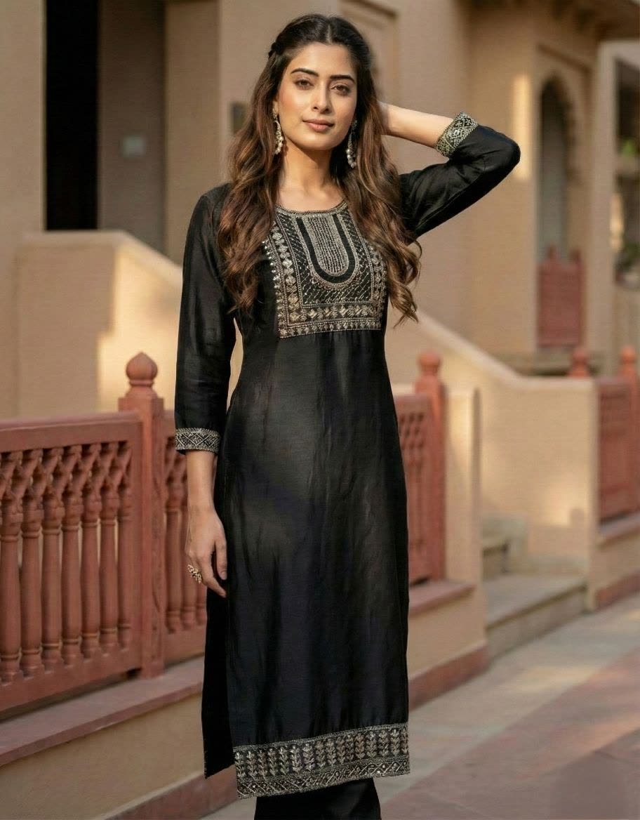 Women's Black Cotton Blend Embroidered Straight Kurta