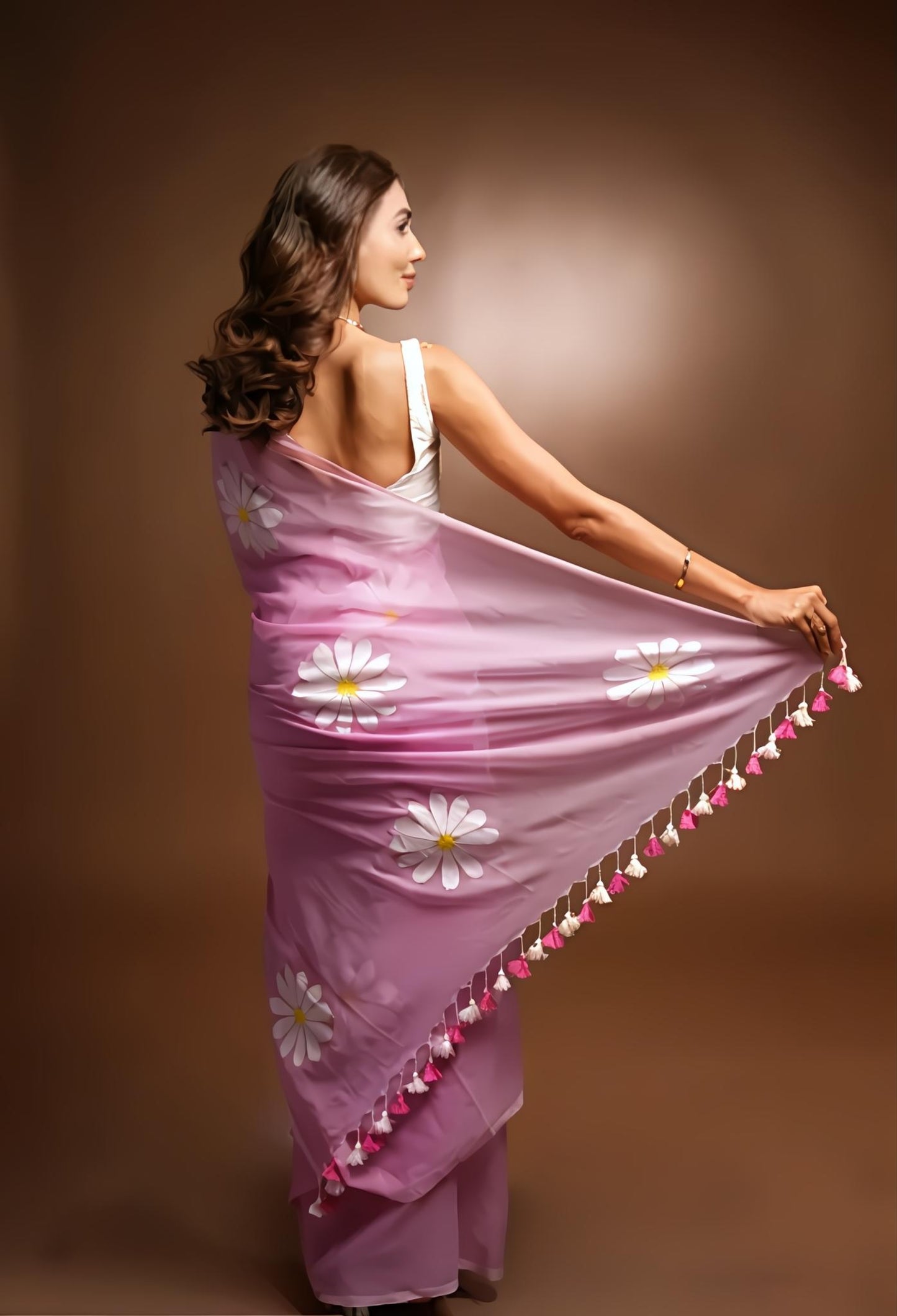 Hot Pink Organza Saree with Hand-Painted Daisy Florals and Tassel Details