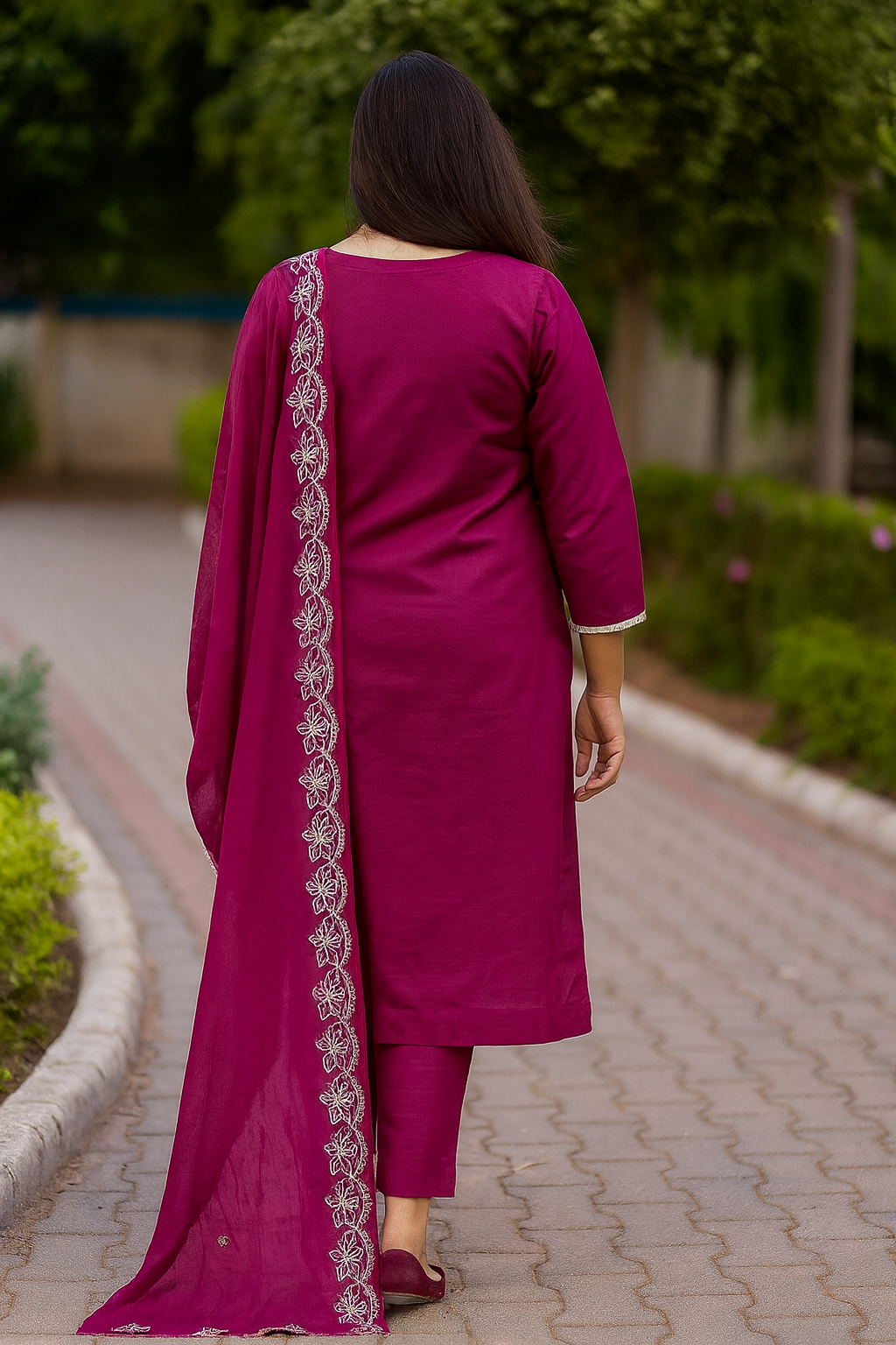 Magenta Pink Floral Embroidered Kurta Set – Festive 3-Piece Suit with Scalloped Border Dupatta