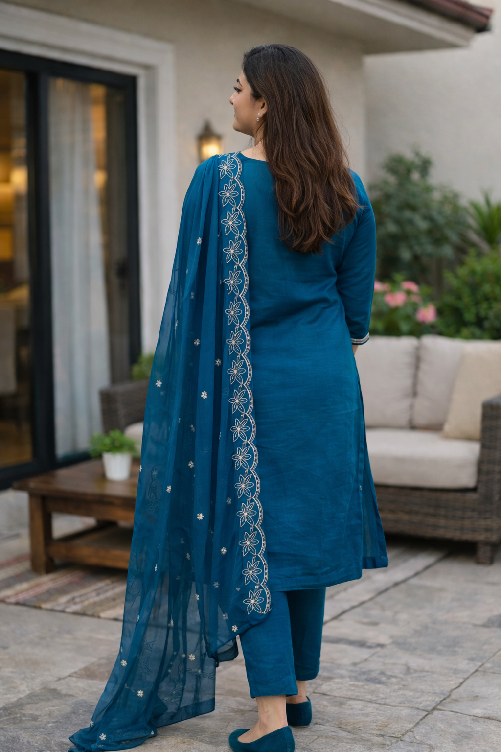 Teal Blue Floral Embroidered Kurta Set with Scalloped Dupatta – 3-Piece Ethnic Suit for Women