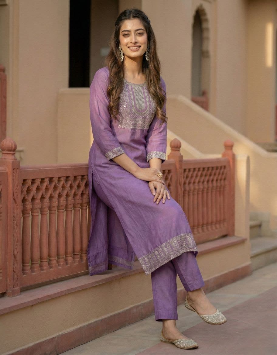 Women's Purple Cotton Blend Embroidered Straight Kurta