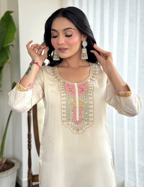 Off-White Chanderi Silk Salwar Suit Set with Pink Gota Patti Embroidery and Scalloped Dupatta