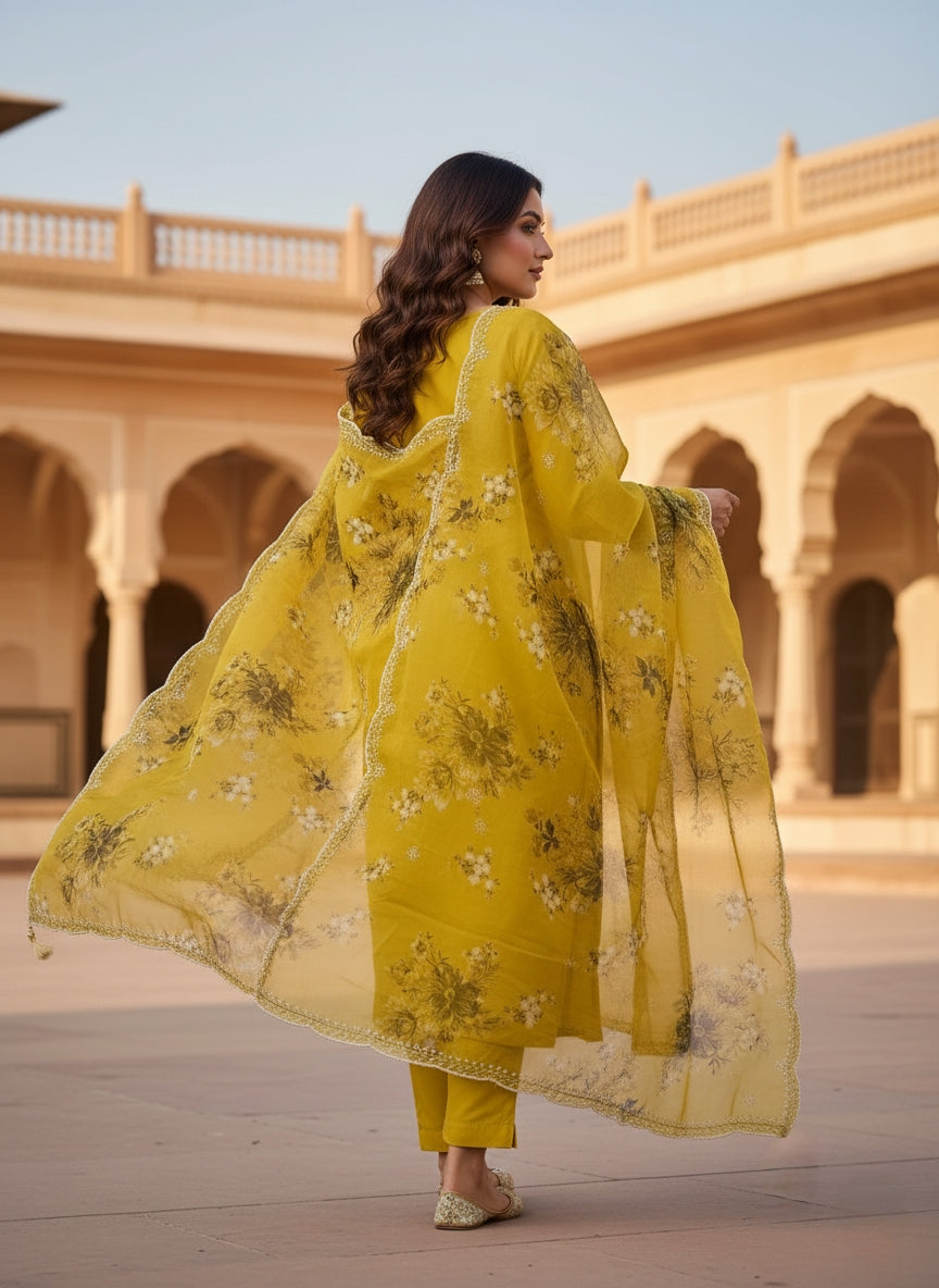 Elegant Silk V-Neck Kurta Set with Floral Print Organza Dupatta - 3 Piece Set