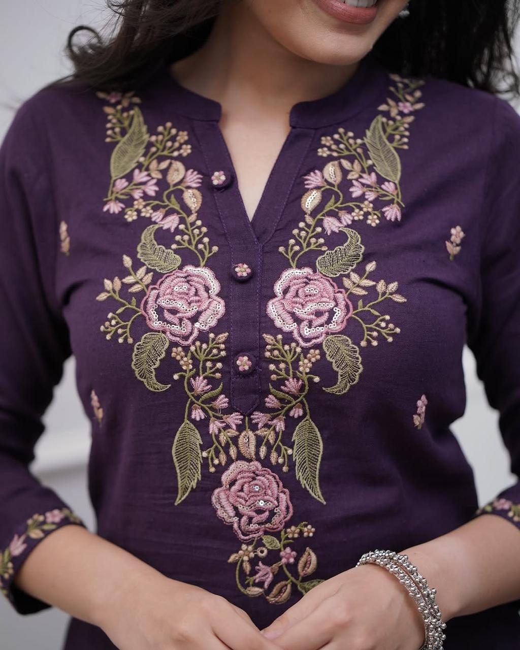 Royal Wine Embroidered Cotton Silk Kurta Set with Chiffon Dupatta