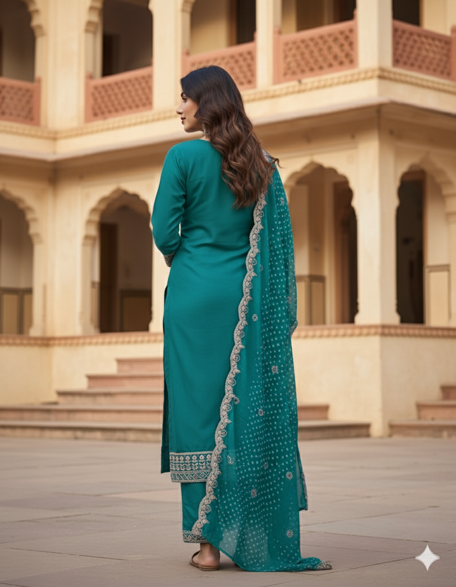 Teal Blue Silk Embroidered Salwar Kameez Set with Scalloped Dupatta – Ethnic Party Wear Suit for Women