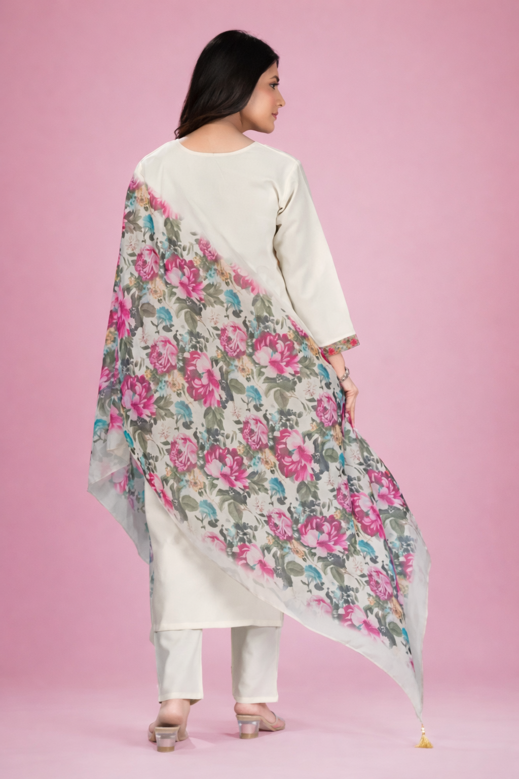 Ivory Silk Blend Salwar Kameez with Floral Embroidery and Digital Print Organza Dupatta Set