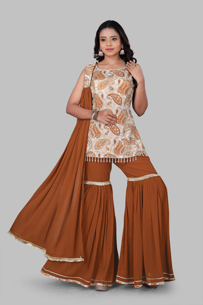Women's Rust Orange Sharara Suit Set - Paisley Print sleeveless Kurti with Flared Gharara & Dupatta
