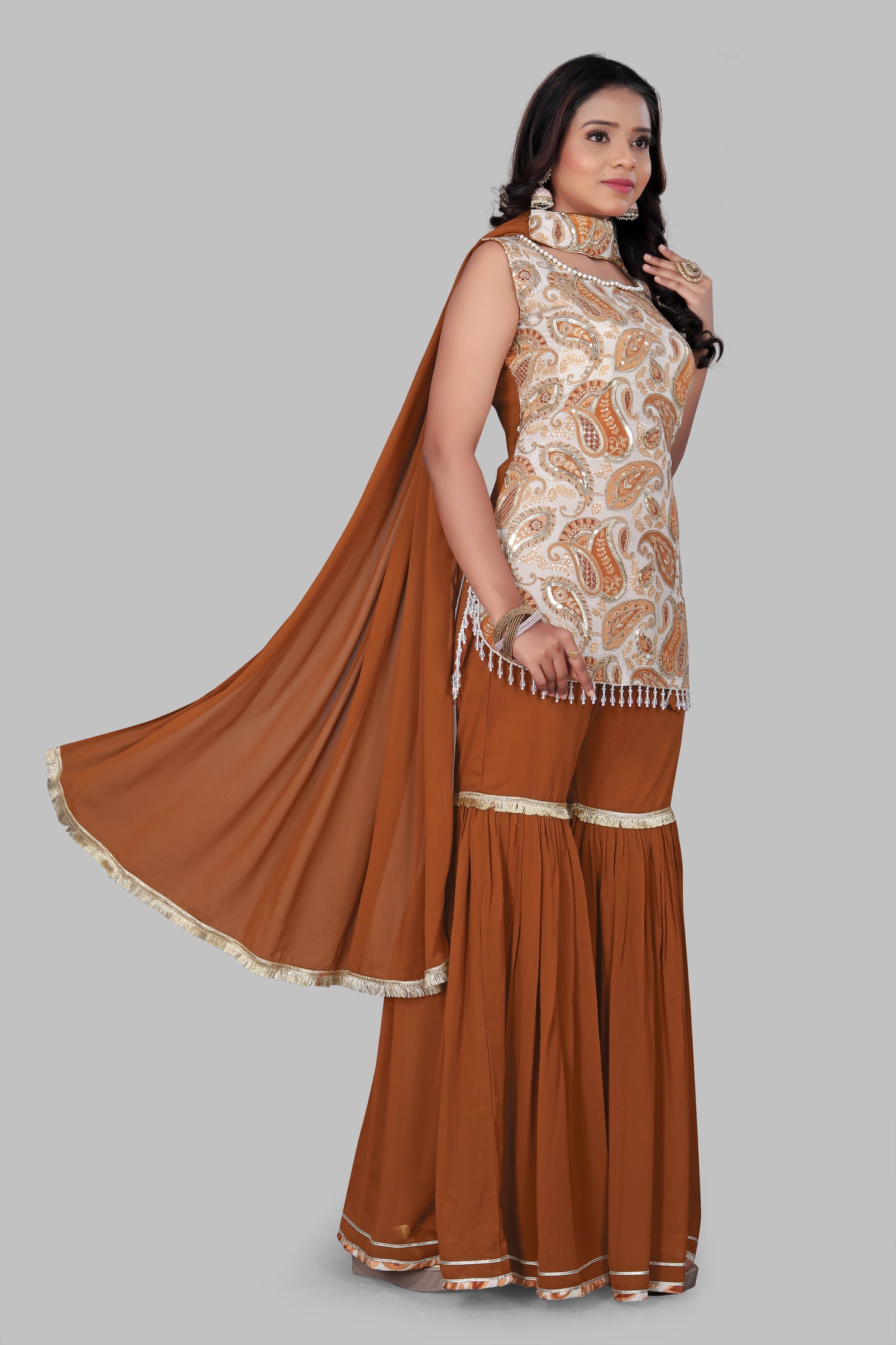 Women's Rust Orange Sharara Suit Set - Paisley Print sleeveless Kurti with Flared Gharara & Dupatta