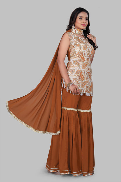 Women's Rust Orange Sharara Suit Set - Paisley Print sleeveless Kurti with Flared Gharara & Dupatta