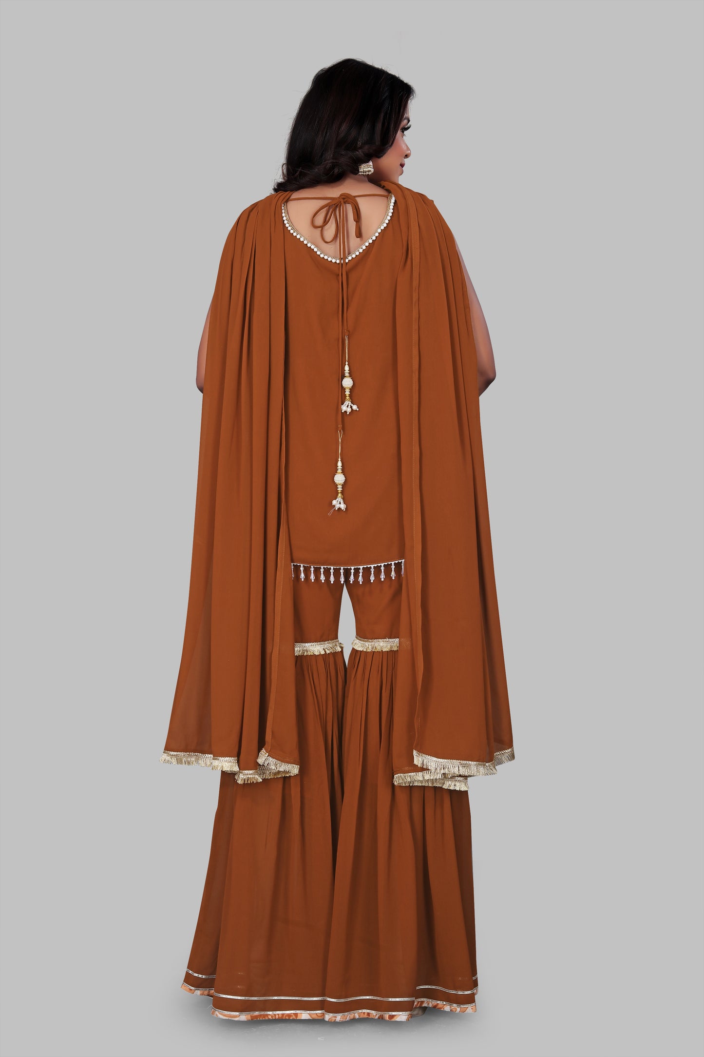 Women's Rust Orange Sharara Suit Set - Paisley Print sleeveless Kurti with Flared Gharara & Dupatta