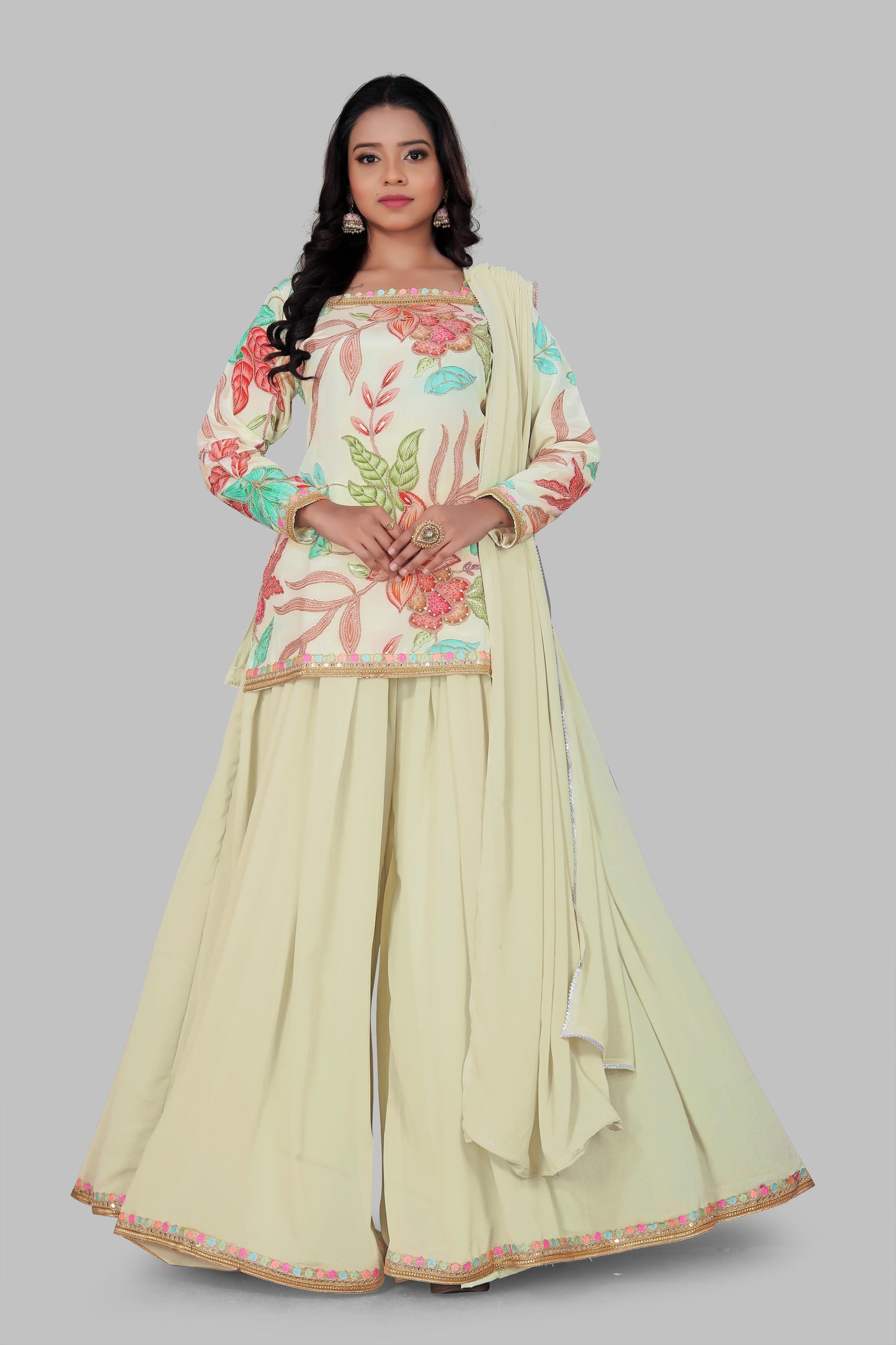 Women's Off-White Floral Sharara Set - Pastel Flower Print Short Kurti with Flared Palazzo & Dupatta