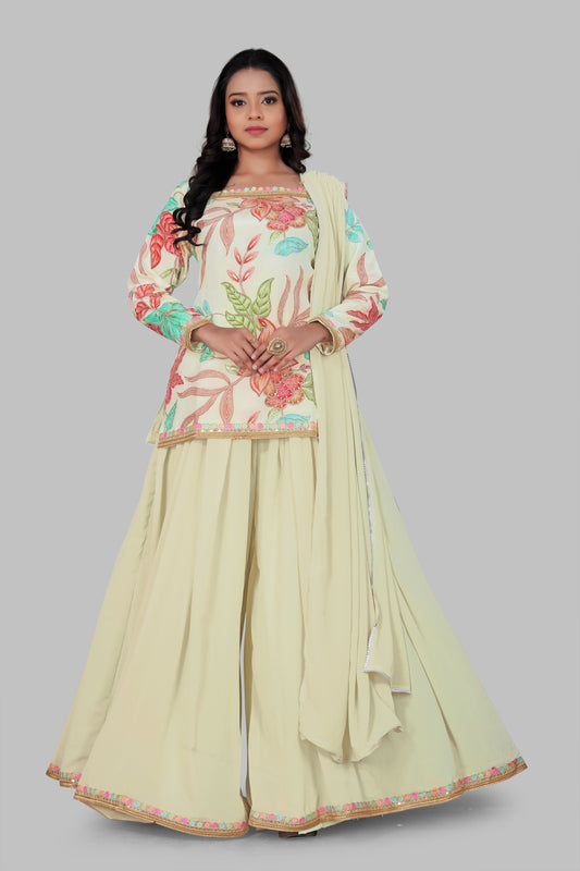 Women's Off-White Floral Sharara Set - Pastel Flower Print Short Kurti with Flared Palazzo & Dupatta