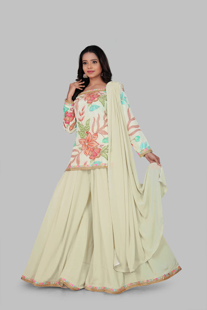 Women's Off-White Floral Sharara Set - Pastel Flower Print Short Kurti with Flared Palazzo & Dupatta