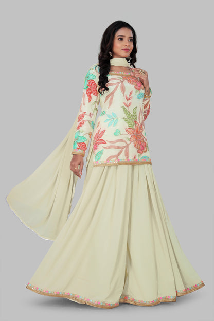 Women's Off-White Floral Sharara Set - Pastel Flower Print Short Kurti with Flared Palazzo & Dupatta