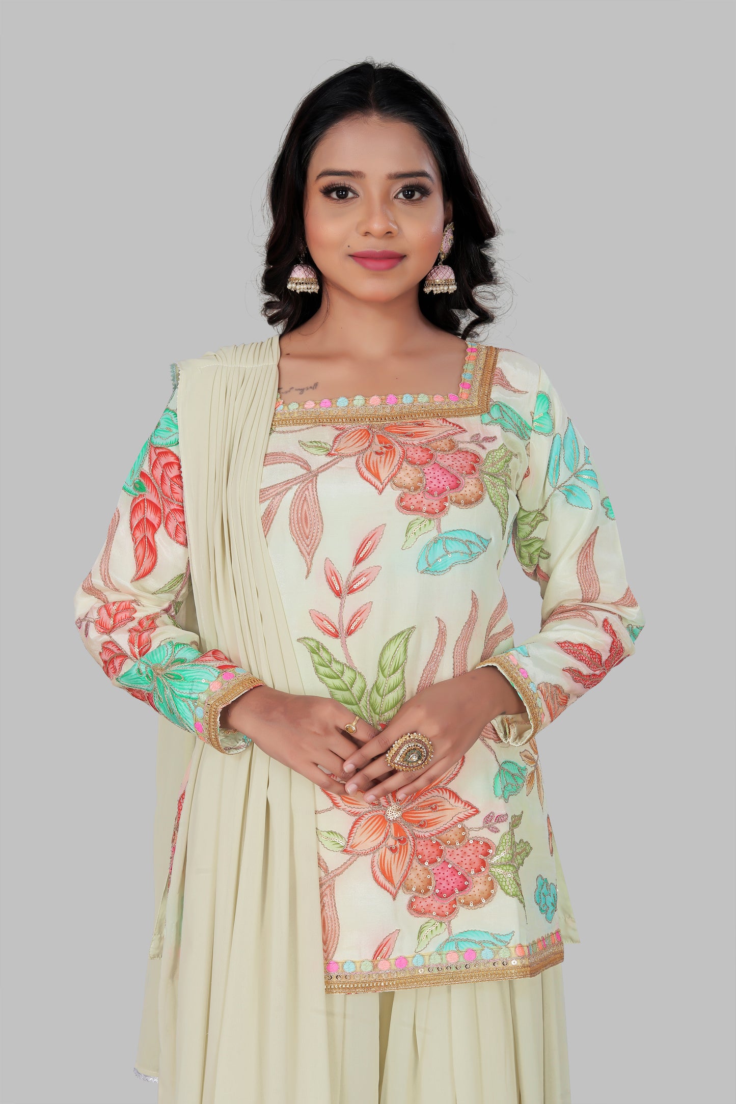 Women's Off-White Floral Sharara Set - Pastel Flower Print Short Kurti with Flared Palazzo & Dupatta
