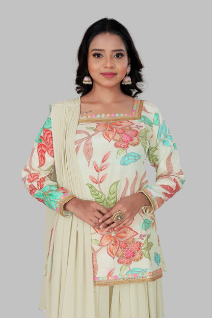 Women's Off-White Floral Sharara Set - Pastel Flower Print Short Kurti with Flared Palazzo & Dupatta