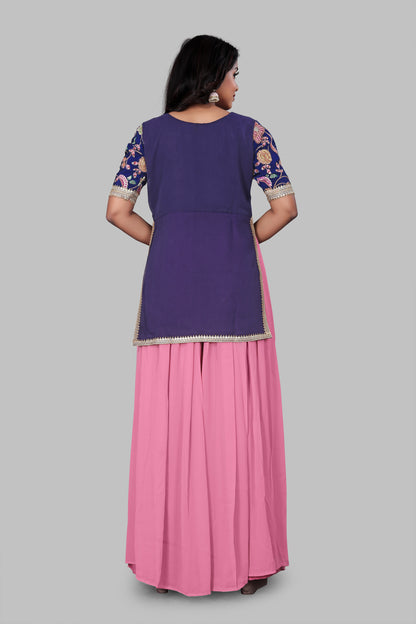 Royal Blue Embroidered Kurti with Pink Flared Sharara - Women’s 3-Piece Contrast Ethnic Suit Set