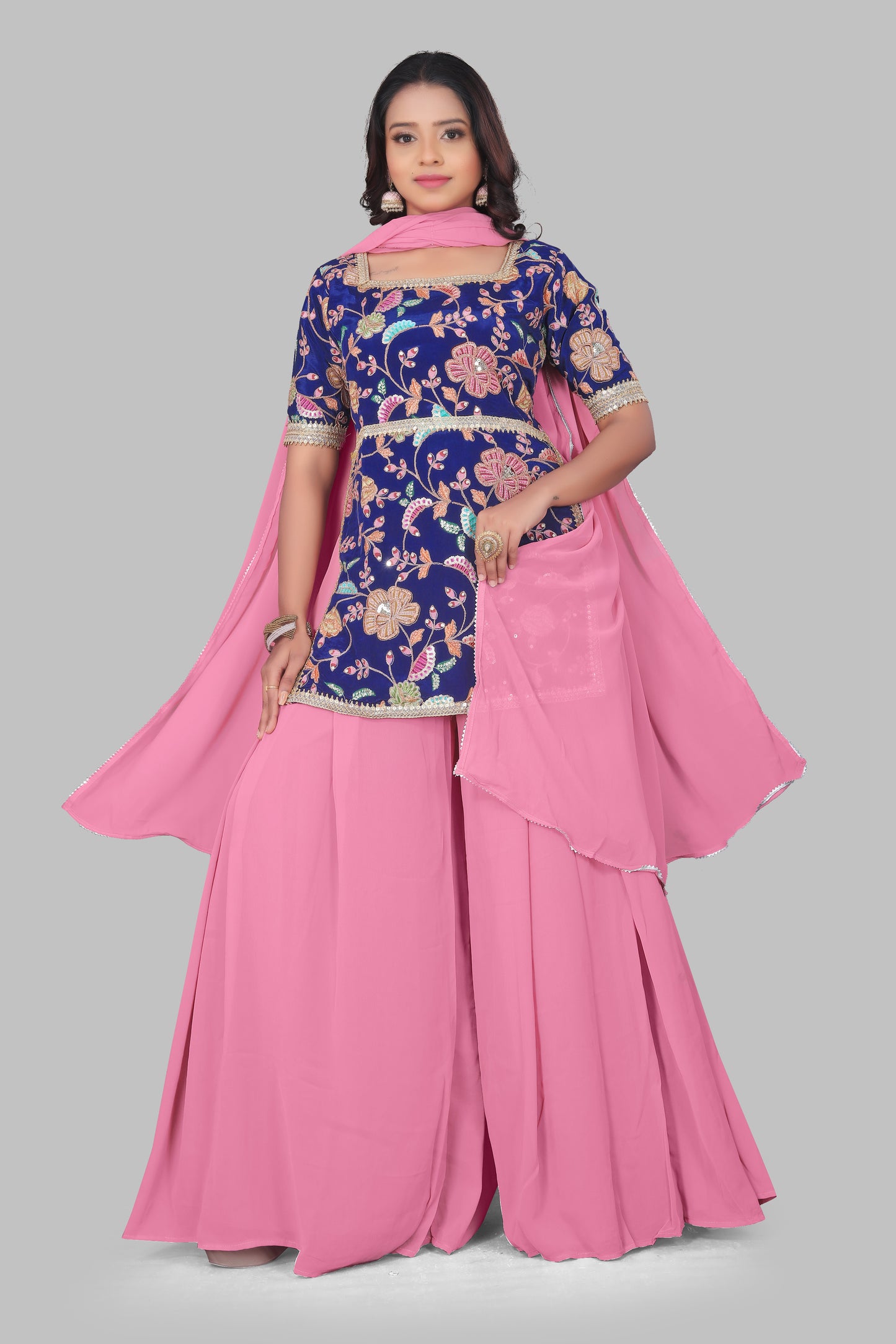 Royal Blue Embroidered Kurti with Pink Flared Sharara - Women’s 3-Piece Contrast Ethnic Suit Set