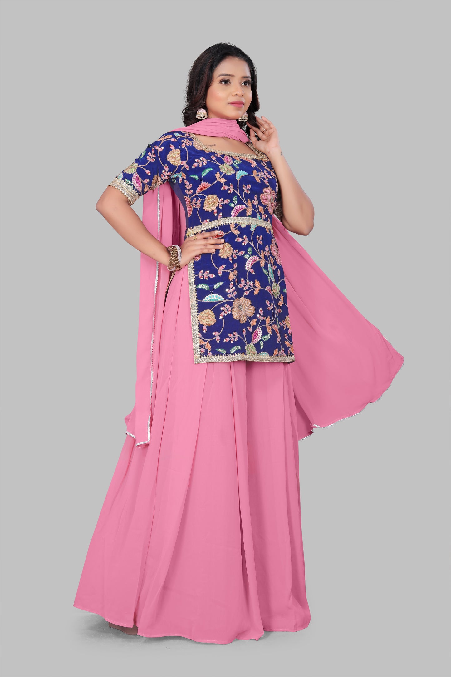 Royal Blue Embroidered Kurti with Pink Flared Sharara - Women’s 3-Piece Contrast Ethnic Suit Set