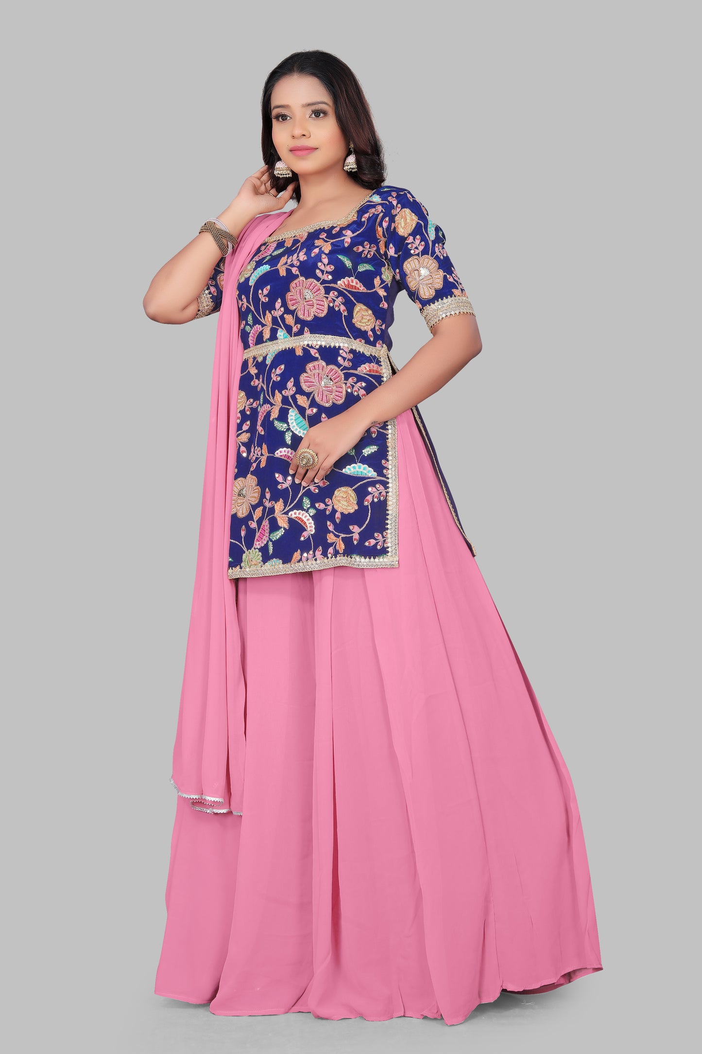 Royal Blue Embroidered Kurti with Pink Flared Sharara - Women’s 3-Piece Contrast Ethnic Suit Set