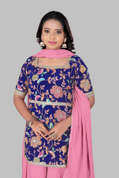 Royal Blue Embroidered Kurti with Pink Flared Sharara - Women’s 3-Piece Contrast Ethnic Suit Set