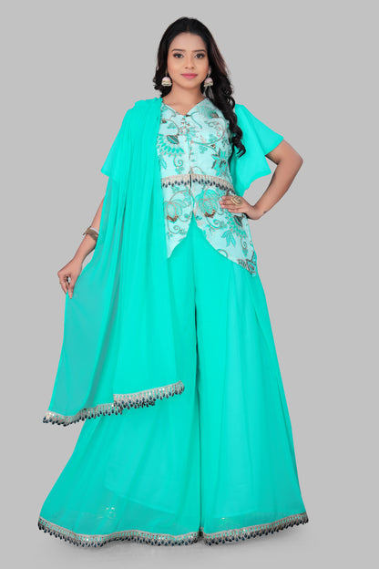 Turquoise Indo-Western Sharara Set with Embroidered Peplum Top and Matching Dupatta – 3-Piece Festive Fusion Wear