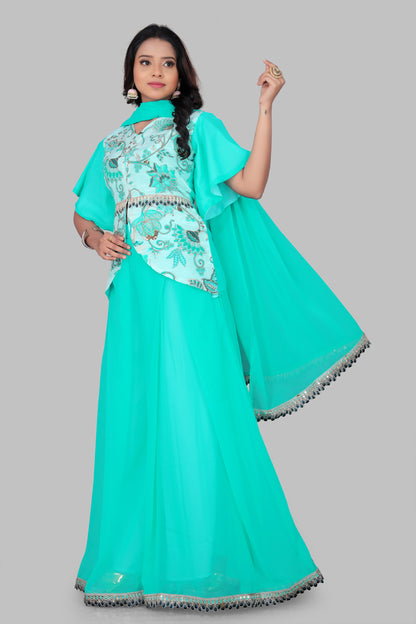 Turquoise Indo-Western Sharara Set with Embroidered Peplum Top and Matching Dupatta – 3-Piece Festive Fusion Wear
