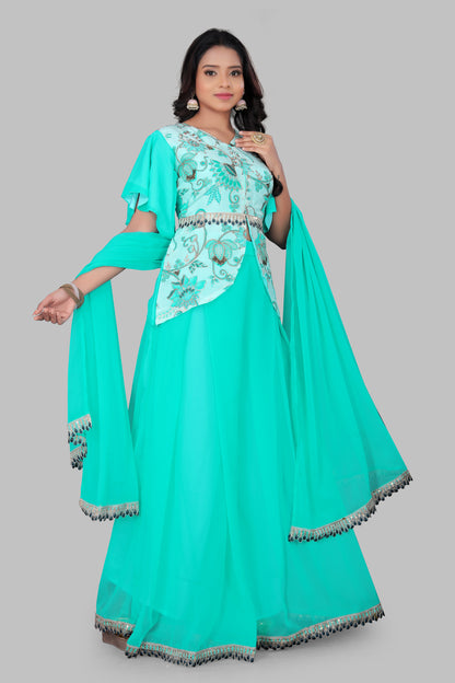 Turquoise Indo-Western Sharara Set with Embroidered Peplum Top and Matching Dupatta – 3-Piece Festive Fusion Wear
