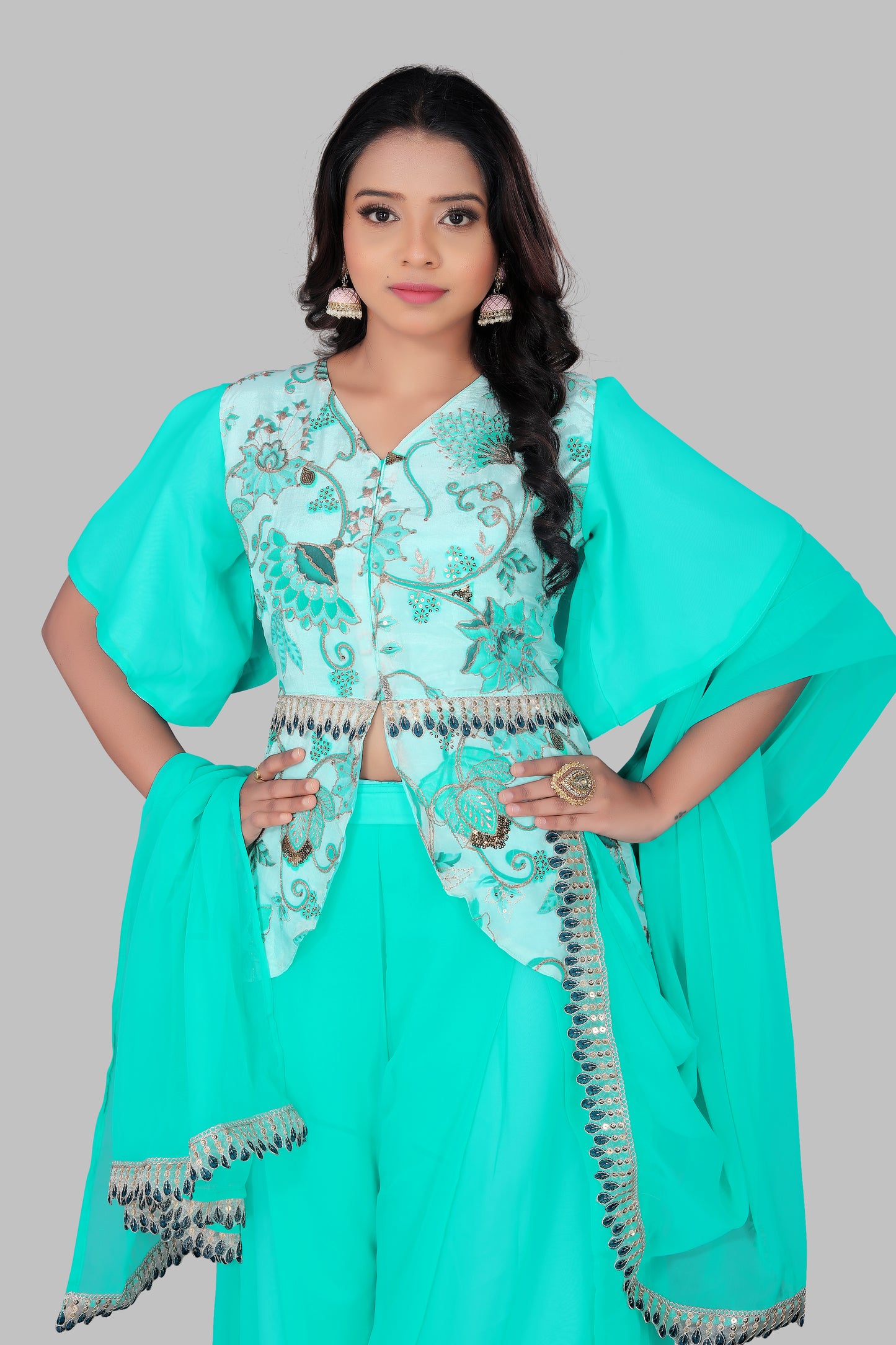 Turquoise Indo-Western Sharara Set with Embroidered Peplum Top and Matching Dupatta – 3-Piece Festive Fusion Wear
