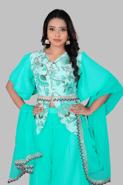 Turquoise Indo-Western Sharara Set with Embroidered Peplum Top and Matching Dupatta – 3-Piece Festive Fusion Wear