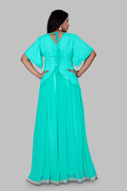 Turquoise Indo-Western Sharara Set with Embroidered Peplum Top and Matching Dupatta – 3-Piece Festive Fusion Wear