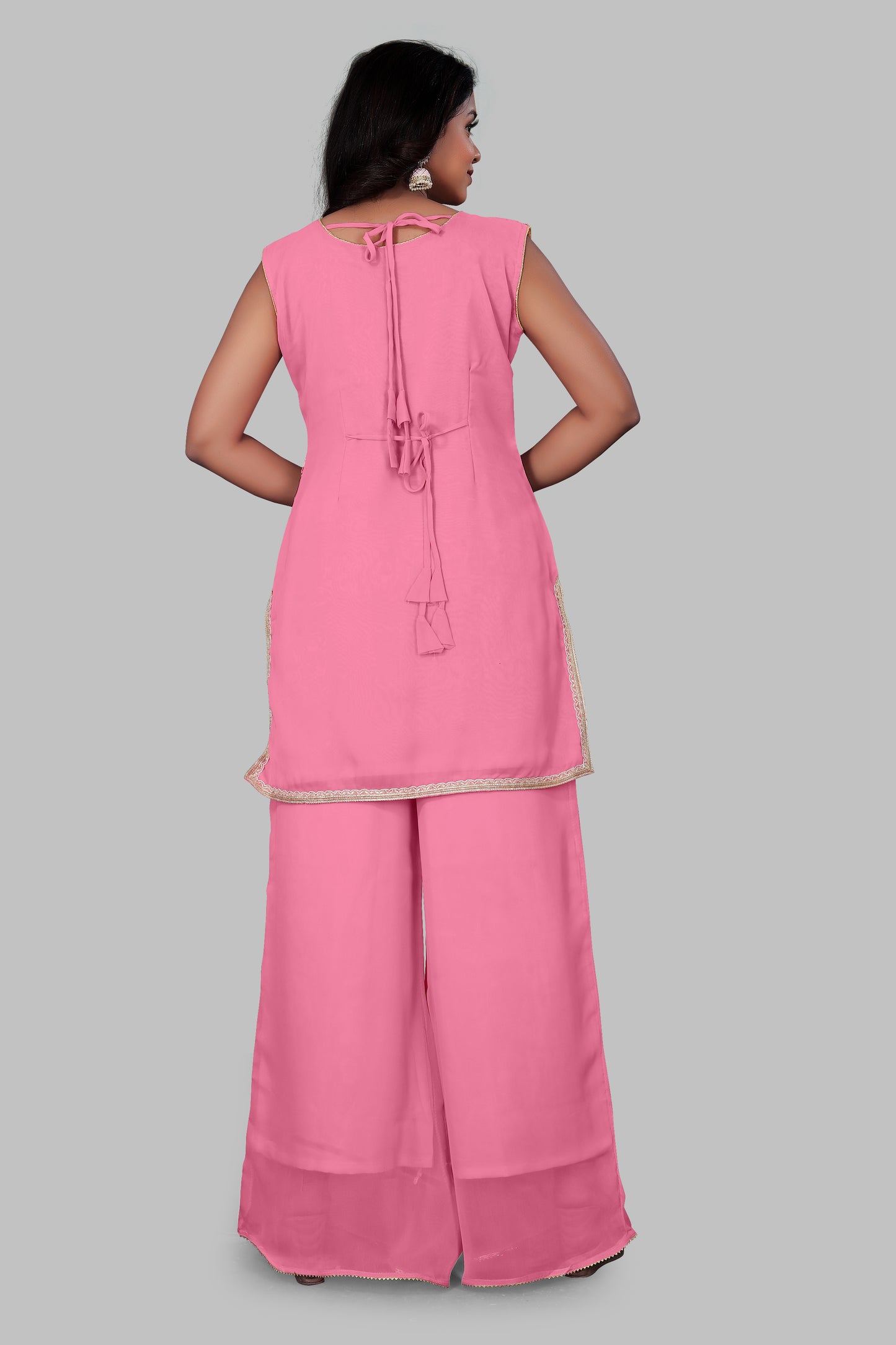 Festive Pink Embroidered Sharara Palazzo Set – Elegant Ethnic Wear for Haldi, Mehendi, and Family Gatherings