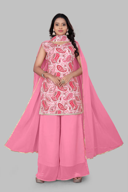 Festive Pink Embroidered Sharara Palazzo Set – Elegant Ethnic Wear for Haldi, Mehendi, and Family Gatherings