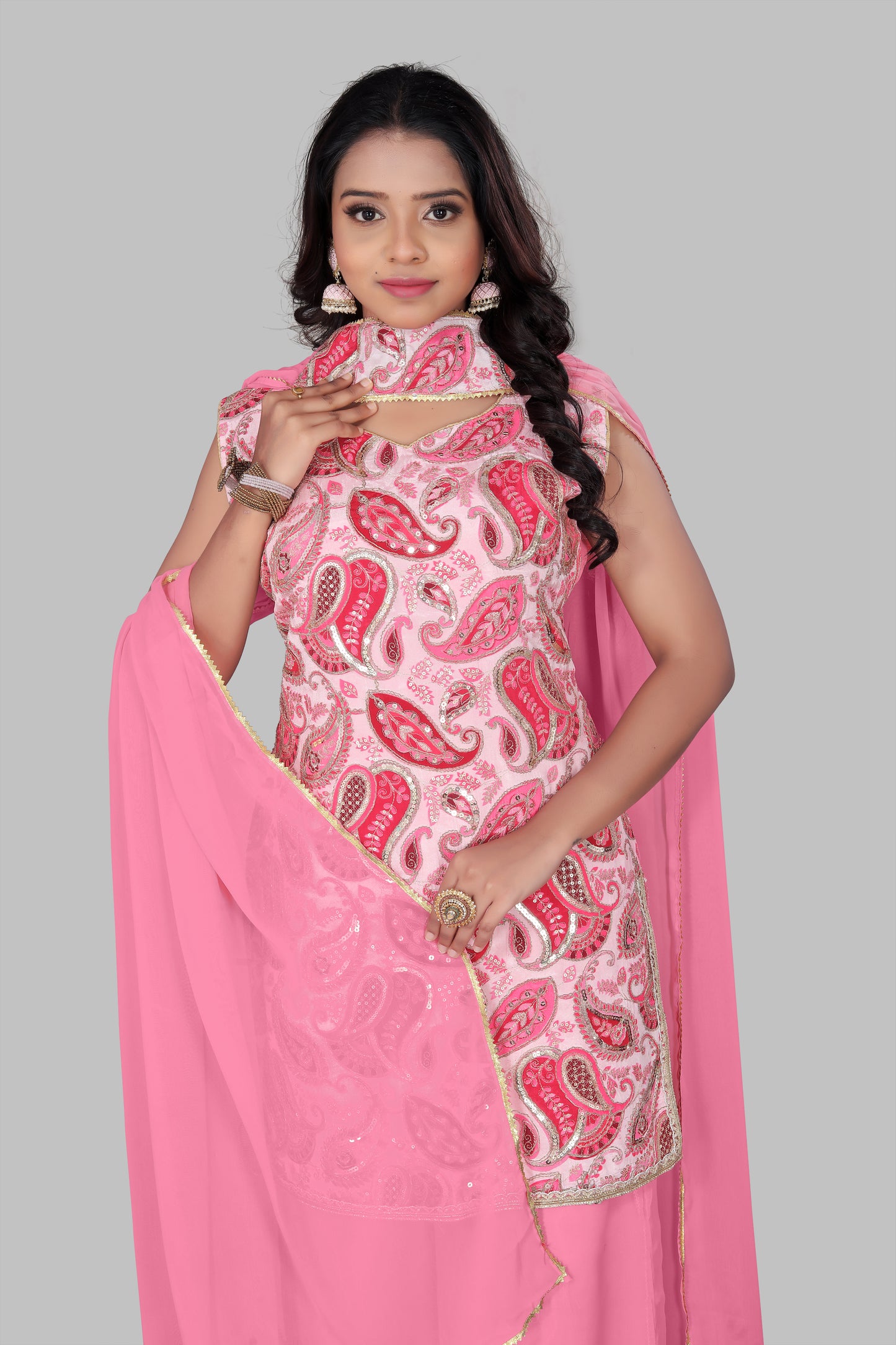 Festive Pink Embroidered Sharara Palazzo Set – Elegant Ethnic Wear for Haldi, Mehendi, and Family Gatherings