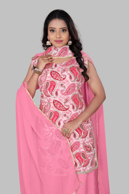 Festive Pink Embroidered Sharara Palazzo Set – Elegant Ethnic Wear for Haldi, Mehendi, and Family Gatherings