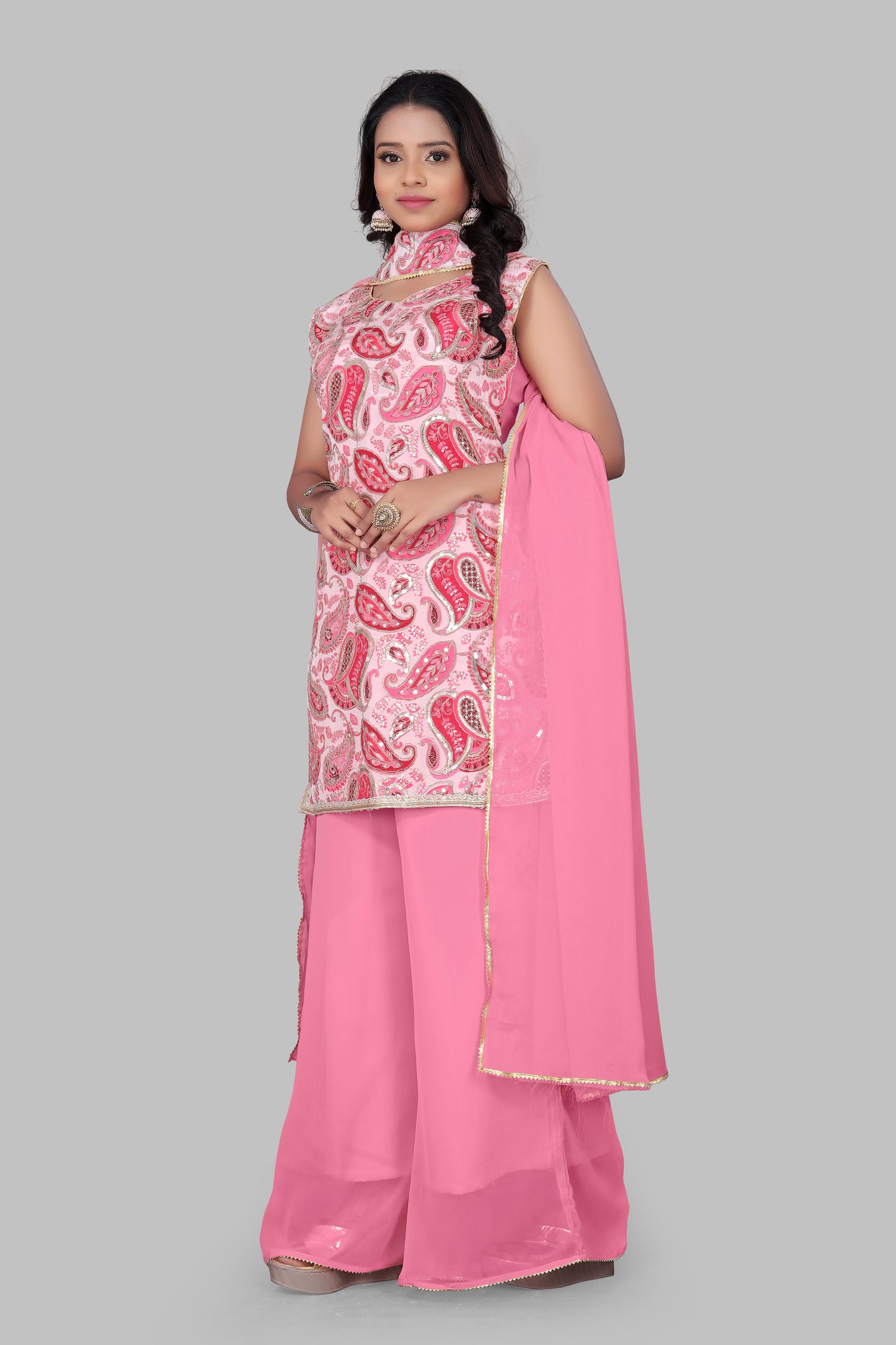 Festive Pink Embroidered Sharara Palazzo Set – Elegant Ethnic Wear for Haldi, Mehendi, and Family Gatherings