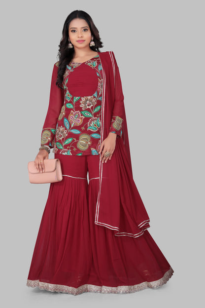 Maroon Georgette Gharara Suit with Floral Resham Work – Long Sleeve Short Kurti and Tiered Flared Bottoms for Bridal & Festive Wear