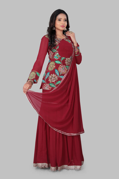 Maroon Georgette Gharara Suit with Floral Resham Work – Long Sleeve Short Kurti and Tiered Flared Bottoms for Bridal & Festive Wear