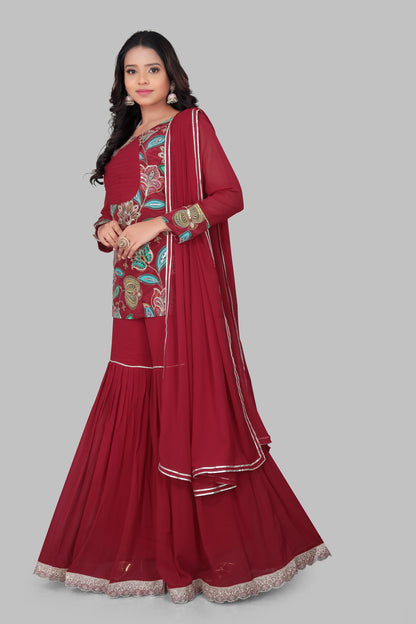 Maroon Georgette Gharara Suit with Floral Resham Work – Long Sleeve Short Kurti and Tiered Flared Bottoms for Bridal & Festive Wear