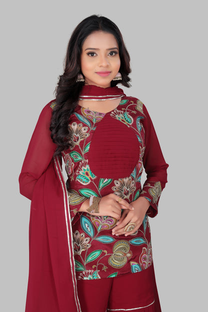 Maroon Georgette Gharara Suit with Floral Resham Work – Long Sleeve Short Kurti and Tiered Flared Bottoms for Bridal & Festive Wear