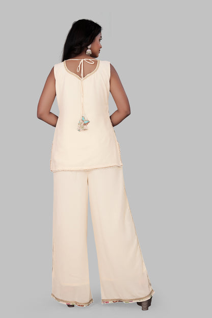 Cream Floral Embroidered Indo-Western Palazzo Set – Sleeveless Pastel Kurti with Wide-Leg Georgette Trousers & Scalloped Lace