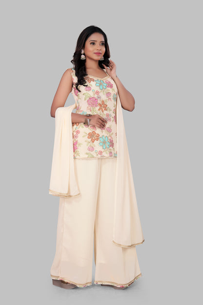 Cream Floral Embroidered Indo-Western Palazzo Set – Sleeveless Pastel Kurti with Wide-Leg Georgette Trousers & Scalloped Lace